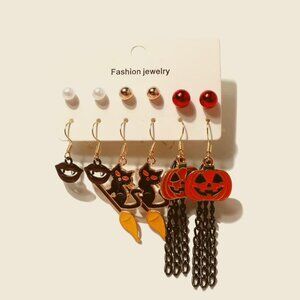 Halloween Earrings Set 6 Pairs | Studs & Dangles | Black Cats, Pumpkins, Pearls